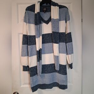 Derek Heart Cozy Striped V-Neck Sweater Dress Scarf Blue White Warm Winter Sz M